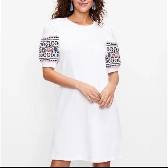Loft Embroidered Puff Sleeve White Shift Dress Size S - Bohemian/Floral/Cottage - Picture 1 of 10